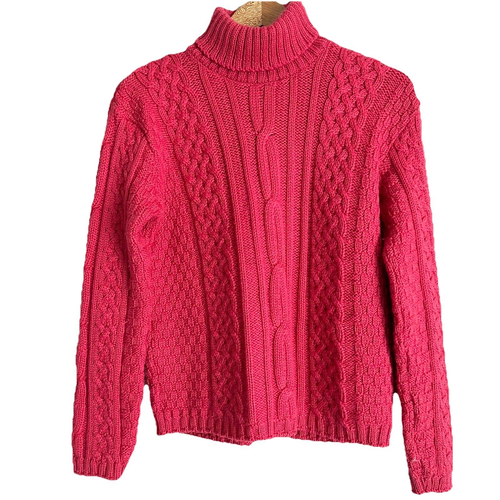 Callan Ireland Womens Cable Knit Wool Turtleneck Sweater Size M In Rasberry